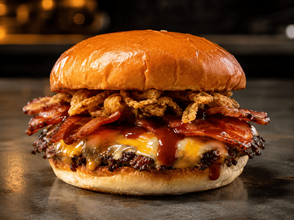 BBQ Bacon Bomb Burger mit Smash-Patty, knusprigem Bacon, Colby Jack, BBQ-Sauce und Crispy Onions