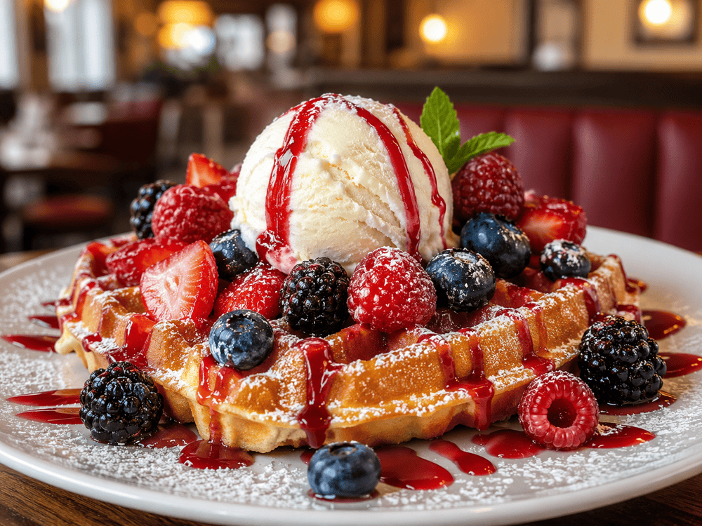 Berry Bliss Waffel mit frischen Beeren, Vanilleeis, Puderzucker und Himbeercoulis