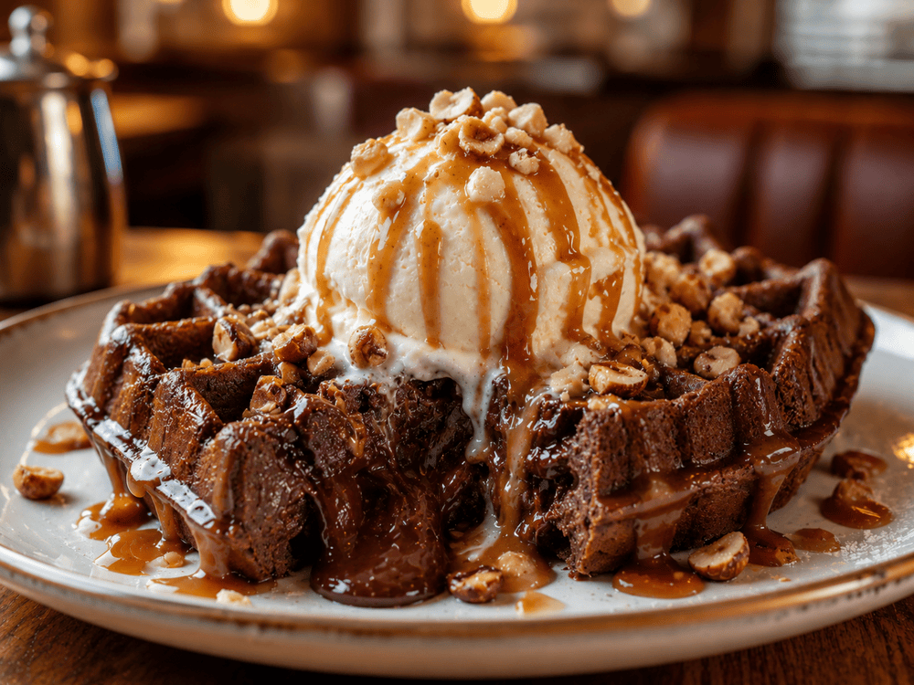 Choco Lava Waffel mit Schokoladen-Waffel, warmer Karamellsauce, Vanilleeis und Haselnüssen