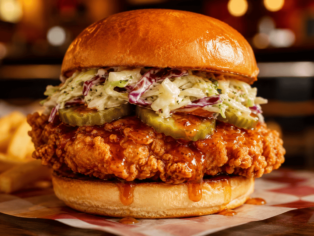 Crispy Chicken Burger mit Buttermilk Fried Chicken, Slaw, Pickles und Hot-Honey-Sauce auf Brioche