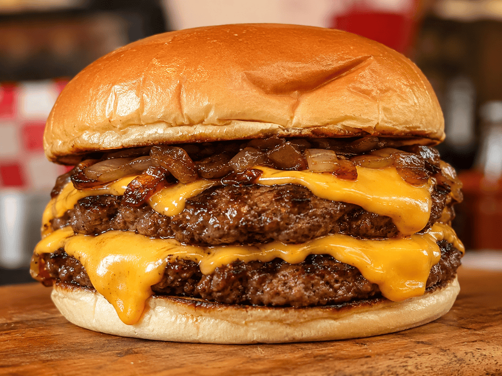 Double Cheese Burger mit zwei Rindfleisch-Patties, doppelt geschmolzenem American Cheese und gebratenen Zwiebeln