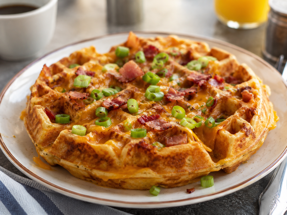 Herzhafte Waffel mit geschmolzenem Käse, knusprigem Bacon und Frühlingszwiebeln