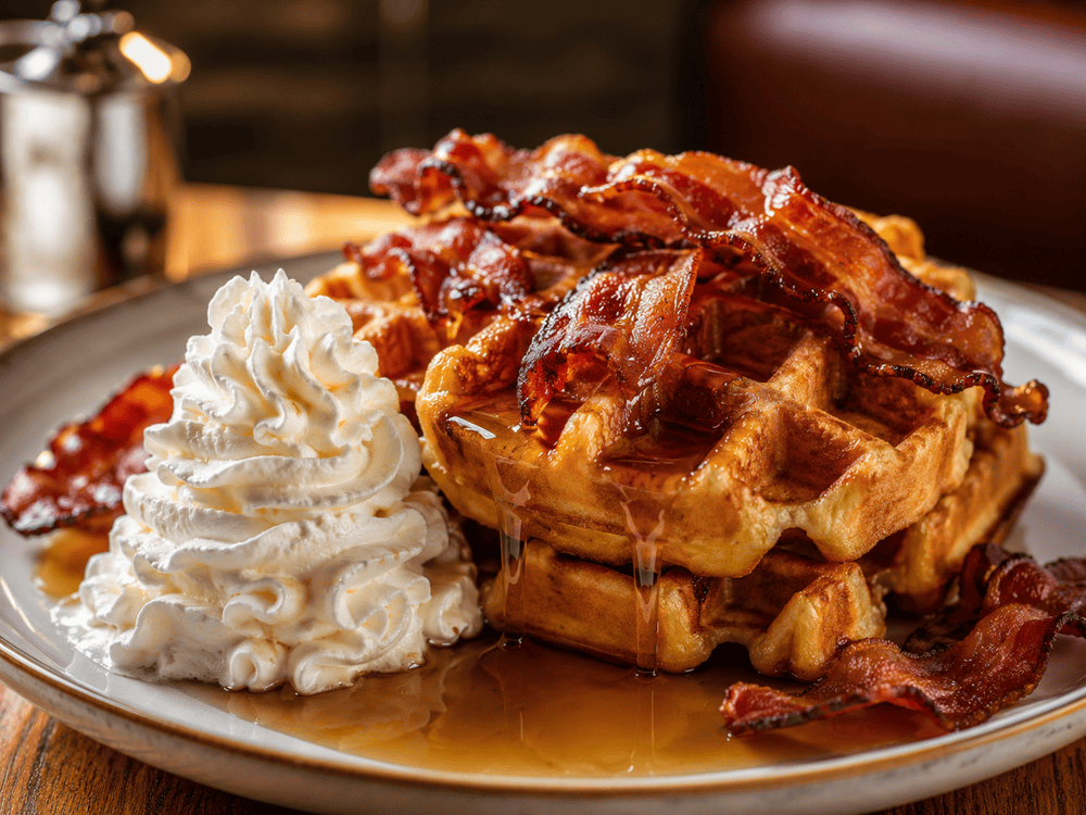 Maple & Bacon Waffel mit knusprigem Bacon, Ahornsirup und Schlagsahne