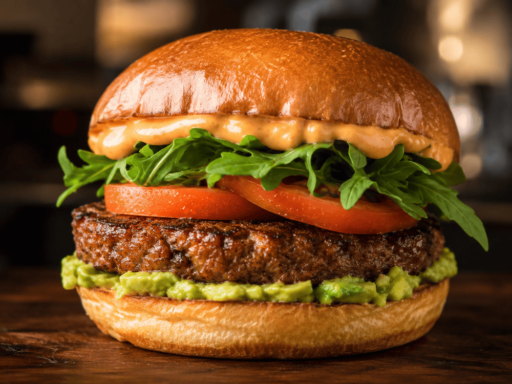 Plant-Based Burger mit pflanzlichem Patty, Avocado-Creme, Tomaten, Rucola und Sriracha-Mayo