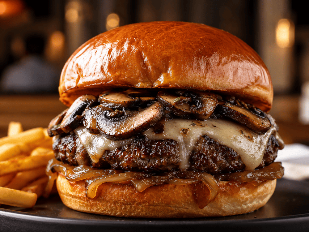 Truffle Mushroom Burger mit Smash-Patty, gebratenen Pilzen, Gruyère und karamellisierten Zwiebeln