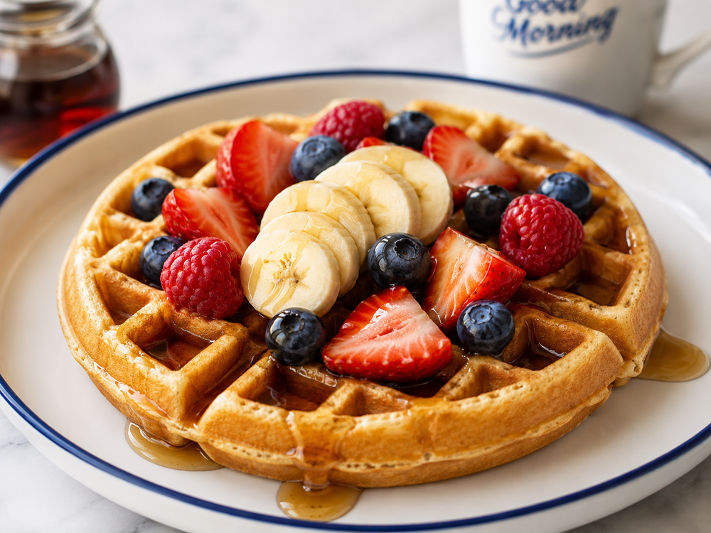 Vegane Waffel mit Ahornsirup und frischem Obst